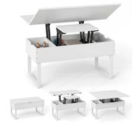 3 en 1 Table Basse à Plateau Relevable COSTWAY, 3 Compartiments de Rangement Cachés, 100x50x49 cm Table Convertible de Salon, Blanc