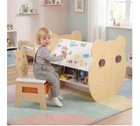 3 en 1 Table Enfant avec Chaise-COSTWAY-Tableau Blanc & Tableau Noir Réversible, Rangement, Crochets, Charge 50KG, 3-10 Ans,Gris