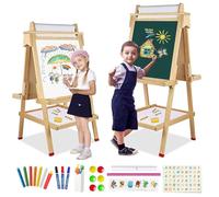 3 en 1 Tableau Chevalet Enfant avec Rouleau de Papier, Tableau Noir et Blanc, Chevalet Peinture en Bois Double Face Hauteur Réglable 95-115CM avec Lettres, Chiffres et Autres Accessoires
