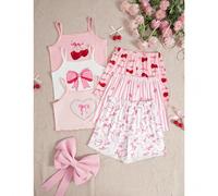 [3 ensembles aléatoires, 1 set envoyé] Ensemble de pyjama à bretelles pour fille préadolescente, style doux, contraste de couleurs rose et blanc avec imprimé nœud de cerise. Tissu en tricot doux, coup