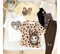 (3 ensembles aléatoires, 1 set envoyé) Ensemble printemps été automne bébé fille créatif puzzle paillettes imprimé léopard cœur nœud style décontracté basique t-shirt court et leggings longs, conforta