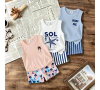 3 ensembles de vêtements pour bébé garçon, débardeur imprimé palmier de coco à la mode et simple associé à un short imprimé palmier de coco à motif contrasté, débardeur imprimé motif océan et anglais 