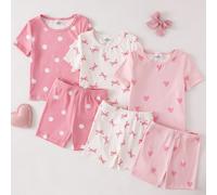 3 ensembles envoyés au hasard, 2 ensembles, ensemble de pyjama léger d'été pour filles, imprimé à pois avec nœud rose et cœur, ajustement confortable et doux, manches courtes et shorts 6Y,7Y,4Y,5YGéom