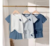 3 ensembles, obtenez 1 set aléatoire bleu & gris contraste couleur gris & bleu ensemble t-shirt à col ras-du-cou à manches courtes et short mode décontractée classique imprimé chevalier pour bébé 6Y,7