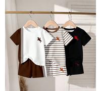 3 ensembles, obtenez 1 set aléatoire de couleur marron kaki avec bloc de couleurs, ensemble t-shirt à col ras-du-cou à manches courtes et short, imprimé chevalier classique, mode décontractée pour béb