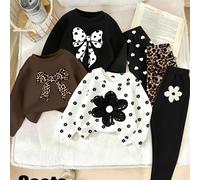 (3 ensembles) Sweat-shirt col ras-du-cou basique pour filles, style frais minimaliste, imprimé léopard, pois, nœud papillon, motif floral noir, avec leggings, automne et hiver 6Y,7Y,4Y,5YGéométrique,P