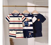 3 ensembles Tenue décontractée pour tout-petits, avec imprimés rayures/ours et chevalier, manches courtes et shorts. Sans polaire, un choix confortable pour les sorties quotidiennes, printemps/été 6-9
