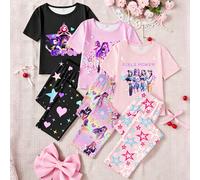 [3 envoyés au hasard 1 set] Pyjamas pour préadolescentes, nouveau arrivage, Top à manches courtes et pantalon imprimé mignon en tricot, ensemble de vêtements de nuit ajusté, 1 pièce Top + 1 pièce pant