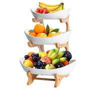 3 Etages Corbeille Fruit avec Support Bois Bambou, Panier Céramique Résistant, Présentoir Fruits pour Décoration Cuisine, Plateaux Service pour Dessert, Gâteaux, Légumes, Collations, Pain (Blanc)