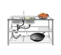 3 Étages Évier Inox de Cuisine 2 Bac Professionnel Inox Autoportant avec Robinet, Égouttoir, Banc Travail et Étagères Rangement pour Cuisine, Restaurant, Garage, 120x45x80cm