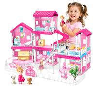 3 Etages Maison de Poupée à Construire pour Filles Jeu de Construction en Blocs avec Poupée Chiot Meubles Accessoires Maison de Poupée Rose Cadeau de Noël d'anniversaire pour Les Filles de 6 7 8 9 10