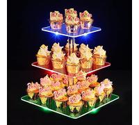 3 Etages Présentoir Cupcake, Ulifeme LED Rechargeable Support de Cupcakes en Acrylique, Affichage de Desserts Carré Transparent - Noël, Mariage, Anniversaire, Fête de Naissance et Fête d'anniversaire