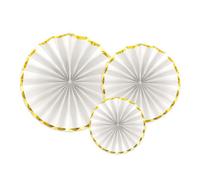 3 éventails déco blanc bord or 23-32-40cm