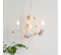 3 French Country White Candle Rose Flower Chandelier Girls Room Pendant Light Fixture Vintage Farmhouse Hanging Lamp for Staircase Bedroom Foyer Entryway