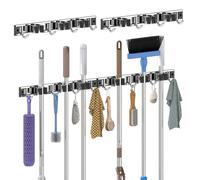 3-H 2x Porte Balai Mural 2-en-1, Fixation Adhésif ou Vis, Porte Balai Mural Acier Inox 304, 38 cm, Support Réglable pour Serpillière (3 Supports + 4 Crochets), Idéal pour Cuisine Garage Jardin-Argent