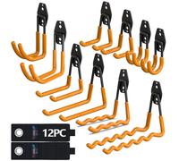 3-H Crochet Mural Garage 12pcs,Porte Outils Mural pour Rangement Atelier Jardin, Crochet Muraux en Acier Renforcé avec 3 Points de Soudure pour Êchelle,Vélo,Tuyaux,Outil électrique,Orange