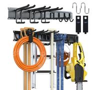 3-H Porte Outils de Jardin Mural 80cm, Range Outils de Jardin Acier Carbone avec 2 Rails & 7 Crochets de Garage Réglables & 2 Crochets en S & 2 Sangle, Support Mural Modulable pour Ski Balai Râteau