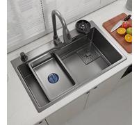 3-Hole 304 Stainless Steel Kitchen Sink Workstation with Pull-out Faucet Chopping Board & Cup Washer - 68 x 45 cm Modern Black-Grey Design for Efficient Cooking