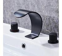 3-Hole Waterfall Bathroom Sink Mixer Tap, Hot and Cold Water, Brass, Black(Black)