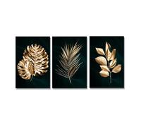 3 Images Set-Affiche Artistique Abstraite Dorée Avec Des Feuilles de Palmier Tropicales sur Toile Tableau Noir pour la Décoration Murale de la Chambre du Bureau Ou de la Maison-60*70cm (sans cadre)