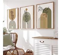 3 Images Set-Affiches Murales Bohèmes Abstraites Géométriques à Motifs de Feuilles Vertes Style Géométrique sur Toile pour une Décoration Moderne de Salon Chambre Ou Cuisine-30*40cm*3Pcs (Pas encadré)