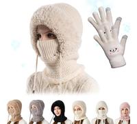 3 in 1 Beanie Hat for Women, Women's Outdoors Windproof Scarf Hats, Winter Balaclava, Knitted Ski Scarfs and Mask Set (FR/ES, Alpha/Lettres, Taille Unique, Beige)