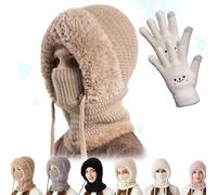 3 in 1 Beanie Hat for Women, Women's Outdoors Windproof Scarf Hats, Winter Balaclava, Knitted Ski Scarfs and Mask Set (FR/ES, Alpha/Lettres, Taille Unique, Khaki)