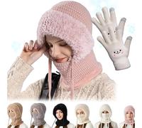 3 in 1 Beanie Hat for Women, Women's Outdoors Windproof Scarf Hats, Winter Balaclava, Knitted Ski Scarfs and Mask Set (FR/ES, Alpha/Lettres, Taille Unique, Pink)