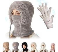 3 in 1 Beanie Hat for Women, Women's Outdoors Windproof Scarf Hats, Winter Balaclava, Knitted Ski Scarfs and Mask Set (FR/ES, Alpha/Lettres, Taille Unique, Gray)