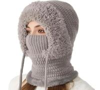 3 in 1 Beanie Hat with Scarf and Mask,Women's Outdoor Windproof Hat with Face Cover,Cold Resistant Knitted Hooded Scarf Black