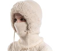 3 in 1 Beanie Hat with Scarf and Mask,Women's Outdoor Windproof Hat with Face Cover,Cold Resistant Knitted Hooded Scarf Black