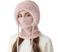 3 in 1 Beanie Hat with Scarf and Mask,Women's Outdoor Windproof Hat with Face Cover,Cold Resistant Knitted Hooded Scarf Black