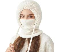 3 in 1 Beanie Hat with Scarf and Mask,Women's Outdoor Windproof Hat with Face Cover,Cold Resistant Knitted Hooded Scarf Black