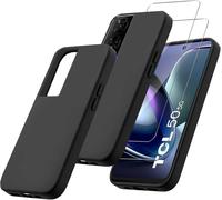 3 In 1 Case Compatible With Tcl 50 5g (6.6 Inches), 1 Case And 2 Pieces Tempered Glass Screen Protector Film, Black Soft Silicone Bumper Case Cover