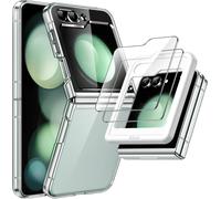 3 In 1 Case For Samsung Galaxy Z Flip 5 With 2 Pack Front Tempered Glass Screen Protector, Hard Crystal Clear Pc Protective Case Cover (Transparent)
