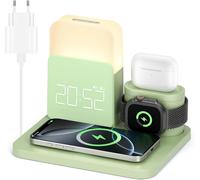 3 in 1 Charging Station for Apple Watch iPhone Airpods, 15W Fast Wireless Charger for iPhone 16/15/14/13, Bedside Lamp with Charging Function, Alarm Clock with Charging Dock-Green