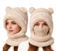 3-in-1 Cute Bear Ear Fleece Plush Winter Hat, Balaclava Hat with Scarf Mask | Cold Winter Hat, Windproof Knitted Build, Soft Fleece Lining, Full Head & Neck Coverage, Adjustable Comfort Fit, for Skiing