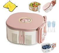 3 in 1 Fruit Washing Spinner Bowl with Built-in Fruit Fork, Leakproof Salad Spinner, Vegetable Washer Colander Basket, Food Strainer and Storage Container for Fruits and Vegetables (Pink)