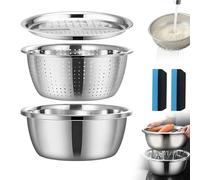 3-in-1 German Multifunctional Stainless Steel Basin Set - Professional Grater, Strainer & Mixing Bowl System - Heavy Duty Vegetable Slicer, Rice Rinser & Pasta Colander (30CM)