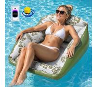 3-in-1 Inflatable Pool Lounge Chair,Adult Large Inflatable Water Sofa,Tropical Style Float Recliner with Mesh Seat,Cup Holder,Air Pump,Water Hammock Float Sofa for Beach,Summer Parties(Green)