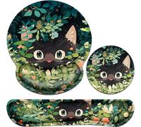 3 in 1 Mouse Pad with Gel Cushion Wrist Rest Ergonomic Keyboard + Non-Slip Coasters with Memory Sponge for Home,Office,Games (Cats)