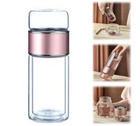3-In-1 Smart Tea Infuser,Double Layered Glass Tea Separation Cup with Integrated Strainer,Portable Insulated Water Separation Glass Teapots for Blooming & Loose Leaf Tea (Pink, 420ml)
