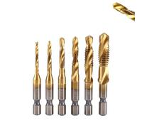 3 In 1 Spiral Tap Hex Shank Drill Bit Set,M3/M4/M5/M6/M8/M10 Drill Bits High Speed Steel,Metric Combination Threading Tools Kit,Quick Change Impact Driver Socket (Gold,Long)