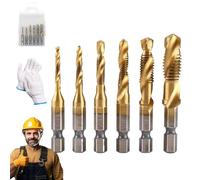 3 in 1 Spiral Tap Hex Shank Drill Bit Set, M3/M4/M5/M6/M8/M10 Drill Bits High Speed Steel, Professional Thread Tap Drill Bit Set, for Iron copper aluminum, Drilling, Tapping (Gold,Long)