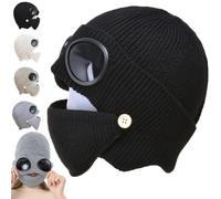 3-in-1 Unisex Knitted Beanie Hat with Goggles, Winter Windproof Warm Ear Outdoor Solid Color Hats, Detachable (Black)