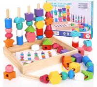 3 in 1 Wooden Lacing Bead Toys,Stackable and Thread Toy,Montessori Games 2 3 4 Years Old Sorting Toys,Stacking Game for Children-Motor Skills Toy for Boys and Girls