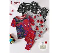 [3 jeux aléatoires, 1 set expédié] Pyjamas pour jeunes garçons, nouveaux éléments de mode printemps/été, tie-dye cool, super-héros et imprimé graphique, ajustement moulant en tricot à haute élasticité