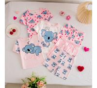 [3 jeux aléatoires, 2 jeux envoyés] 2 pièces/set Top à manches courtes en tricot col rond et shorts pour bébé fille d'été, ensemble décontracté d'habillement d'intérieur avec imprimé numérique mignon