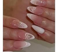 3. Lot de 24 faux ongles en forme d'amande avec motif cœur blanc pailleté pour mariage