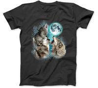 3 loups et lunes hurlants tête de loup drôles pour hommes et femmes, T-shirt 100 % coton imprimé lettre graphique t-shirts pour hommes femmes noir, Noir , L